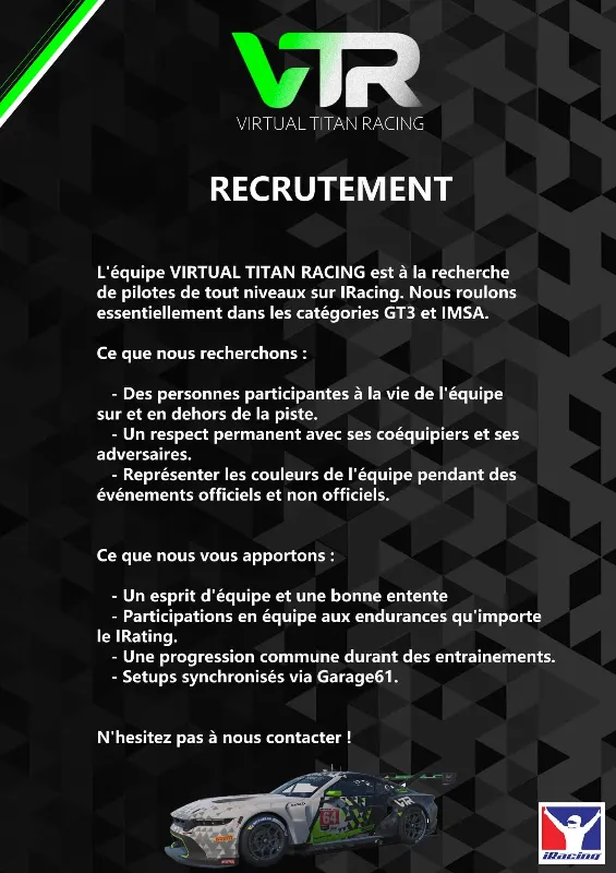 L'équipe VIRTUAL TITAN RACING recherche des pilotes