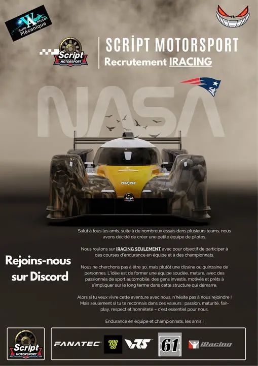 La ScriptMotorsport recrute pour IRACING UNIQUEMENT