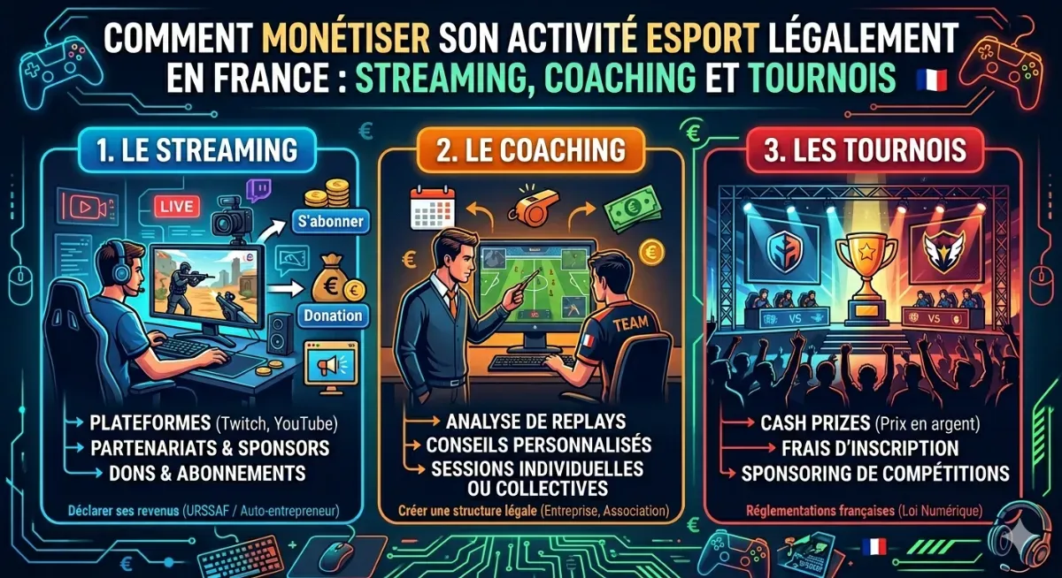 Comment monétiser son activité esport légalement en France : streaming, coaching et tournois 